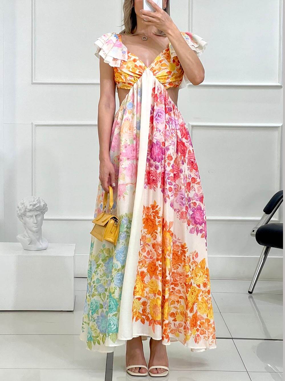 Bloemige Maxi Dress Met Cutout En Tie-Up Detail