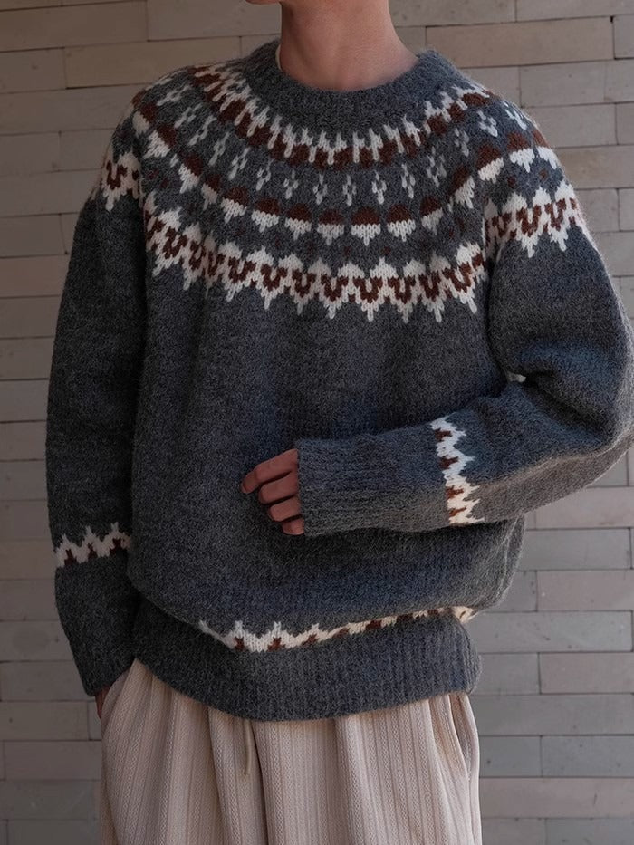 primecuration | Pull en laine vintage pour hommes, col rond, style décontracté