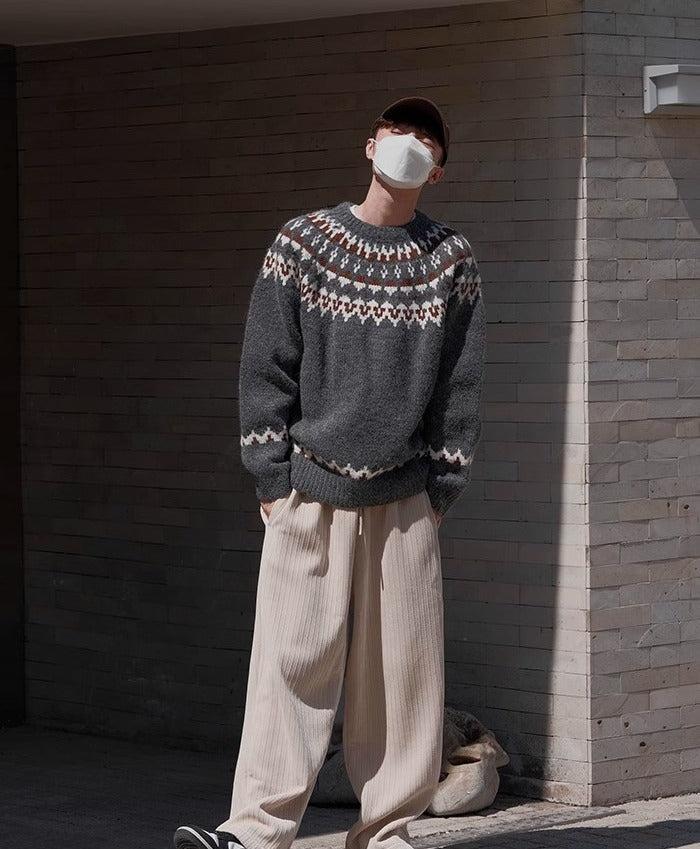primecuration | Pull en laine vintage pour hommes, col rond, style décontracté