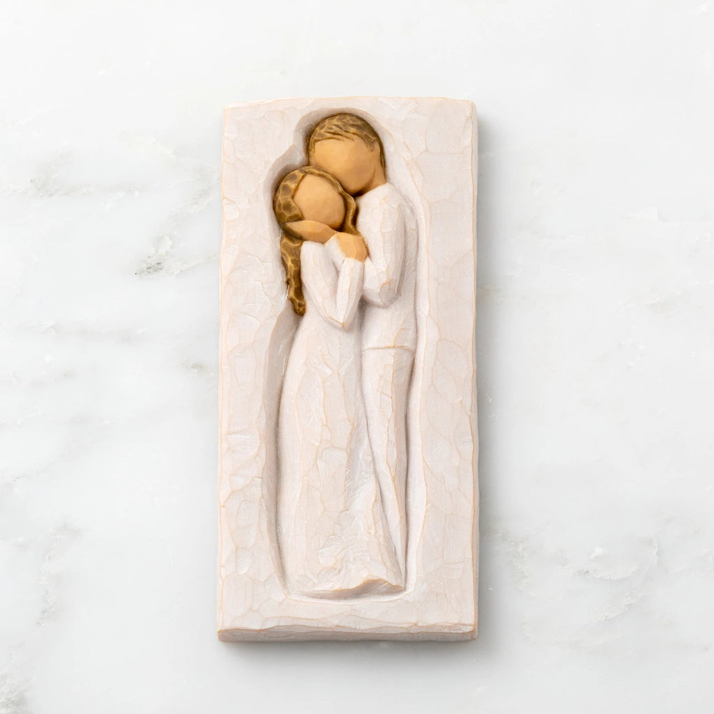 Willow Tree Embrace Plaque, 5.75”h x 2.68”w x .5”d hand-painted resin bas-relief carving of embracing couple