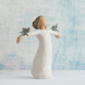 Willow Tree Happiness, 5.5”h hand-painted standing resin figure in cream dress, three bluebirds perched on outstretched arms, in front of sky blue painting