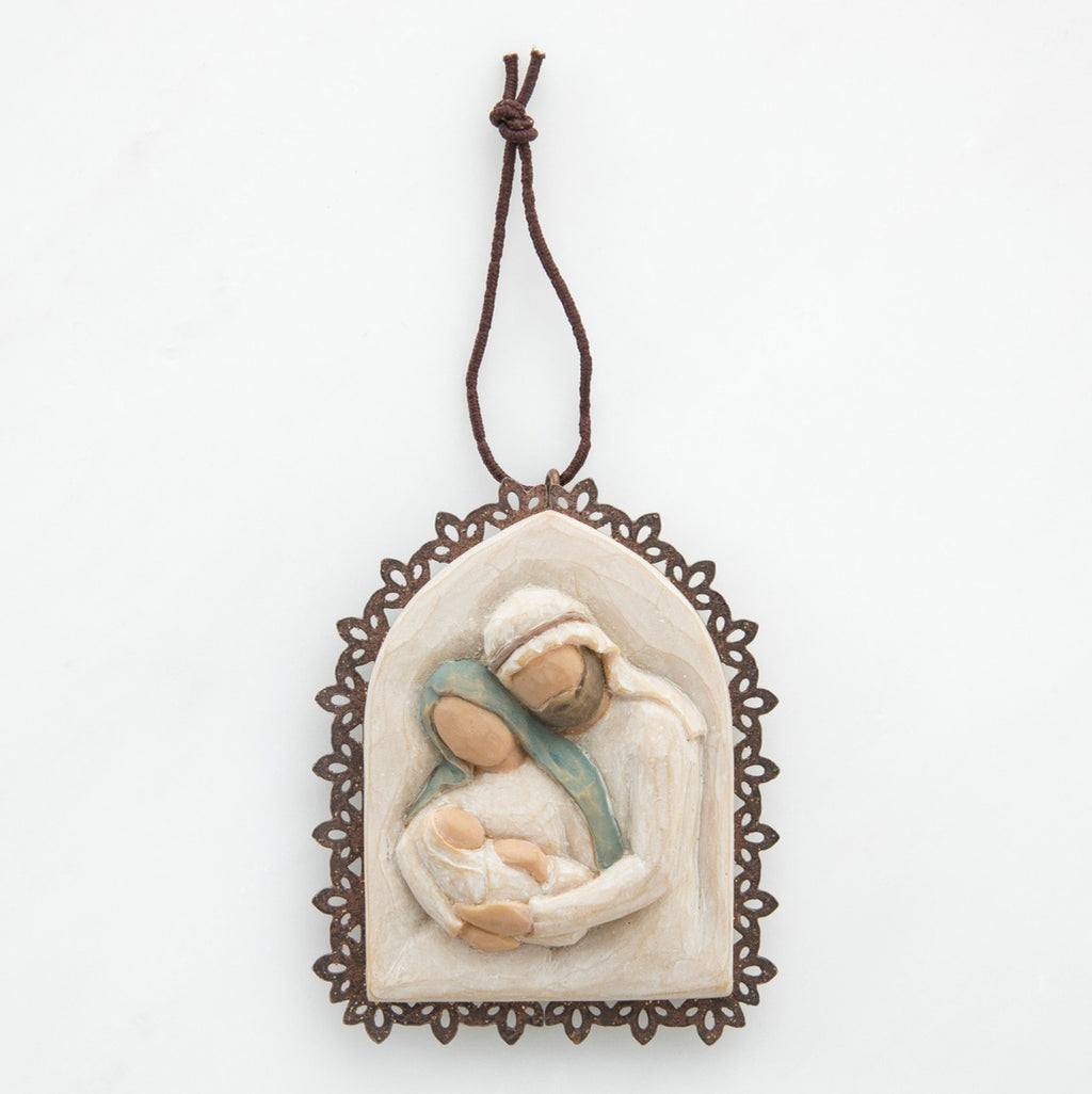 Hanging pendant - wooden branch outline - cream center with image of mary and joseph clutching baby