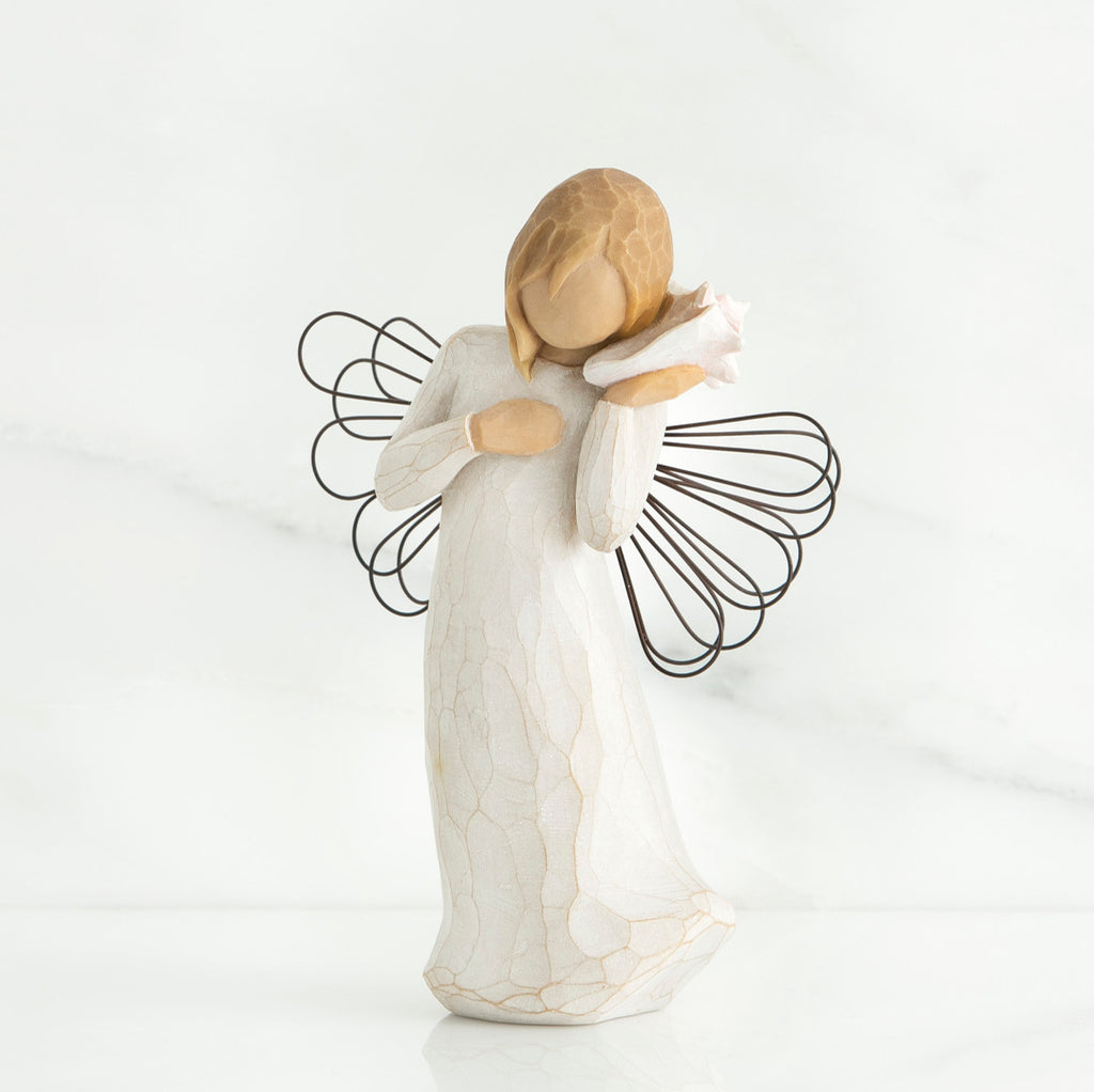 Blonde faceless girl holding white shell to her ear wearing white dress and black wire angel wings