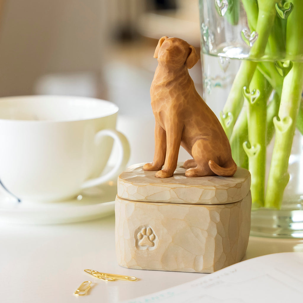 Willow Tree Love my Dog (golden) Keepsake Box, 3"w x 3.25”d hand-painted resin box with 3.4”H carved figure of golden dog affixed to lid, on kitchen table