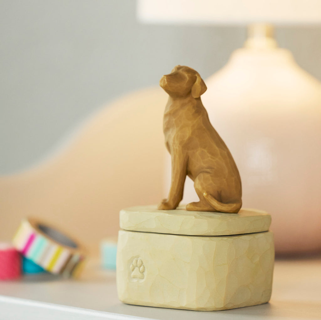 Willow Tree Love my Dog (golden) Keepsake Box, 3"w x 3.25”d hand-painted resin box with 3.4”H carved figure of golden dog affixed to lid, on bedside table